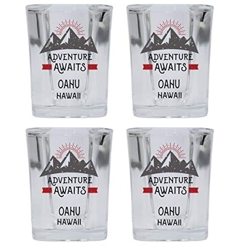 Oahu Hawaii Souvenir 2 Ounce Square Base Liquor Shot Glass Adventure Awaits Design 4-Pack Image 1