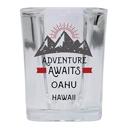 Oahu Hawaii Souvenir 2 Ounce Square Base Liquor Shot Glass Adventure Awaits Design Image 1