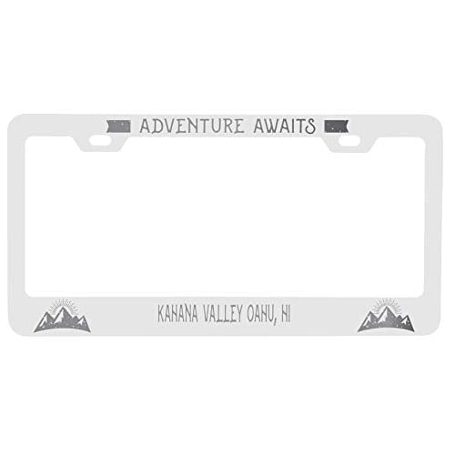 R and R Imports Kahana Valley Oahu Hawaii Laser Engraved Metal License Plate Frame Adventures Awaits Design Image 1