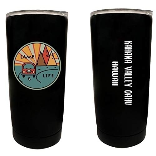 R and R Imports Kahana Valley Oahu Hawaii Souvenir 16 oz Stainless Steel Insulated Tumbler Camp Life Design Black. Image 1