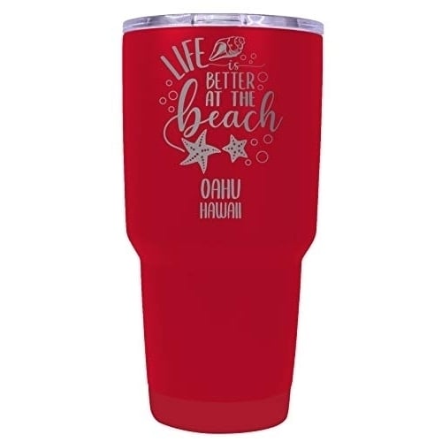 Oahu Hawaii Souvenir Laser Engraved 24 Oz Insulated Stainless Steel Tumbler Red. Image 1