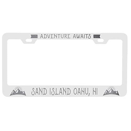 R and R Imports Sand Island Oahu Hawaii Laser Engraved Metal License Plate Frame Adventures Awaits Design Image 1