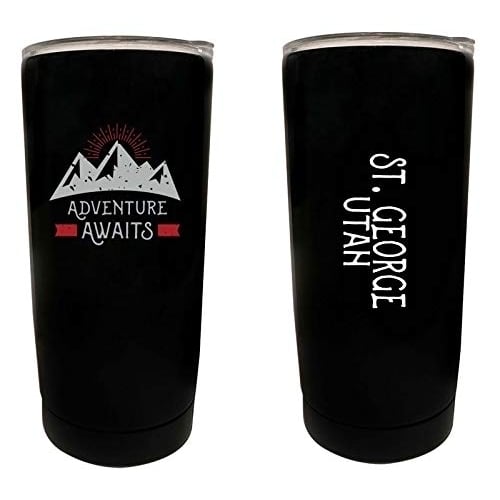 R and R Imports St. George Utah Souvenir 16 oz Stainless Steel Insulated Tumbler Adventure Awaits Design Black. Image 1