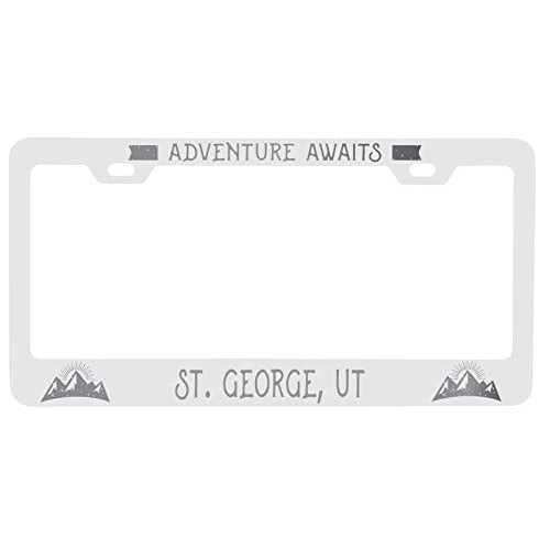 R and R Imports St. George Utah Laser Engraved Metal License Plate Frame Adventures Awaits Design Image 1