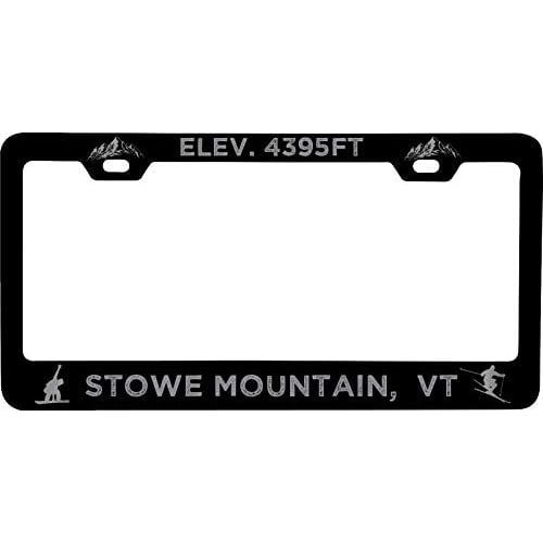 R and R Imports Stowe Mountain Vermont Etched Metal License Plate Frame Black Image 1