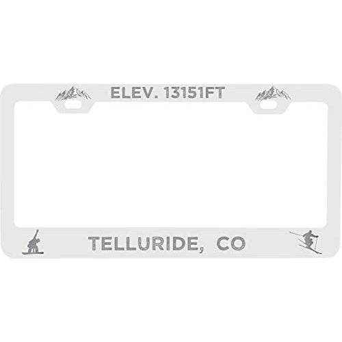 R and R Imports Telluride Colorado Etched Metal License Plate Frame White Image 1