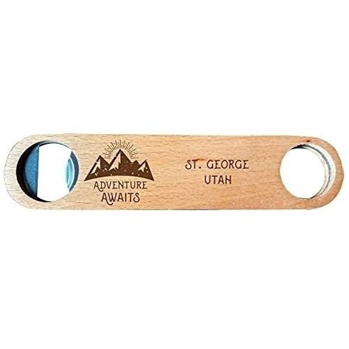 St. George Utah Laser Engraved Wooden Bottle Opener Adventure Awaits Design Image 1