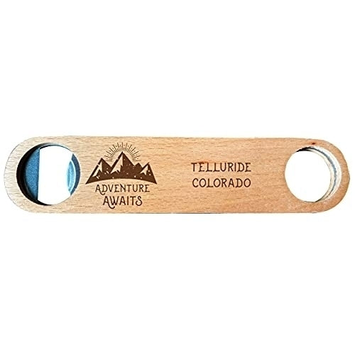 Telluride Colorado Laser Engraved Wooden Bottle Opener Adventure Awaits Design Image 1