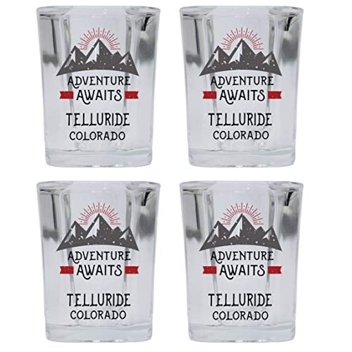 Telluride Colorado Souvenir 2 Ounce Square Base Liquor Shot Glass Adventure Awaits Design 4-Pack Image 1