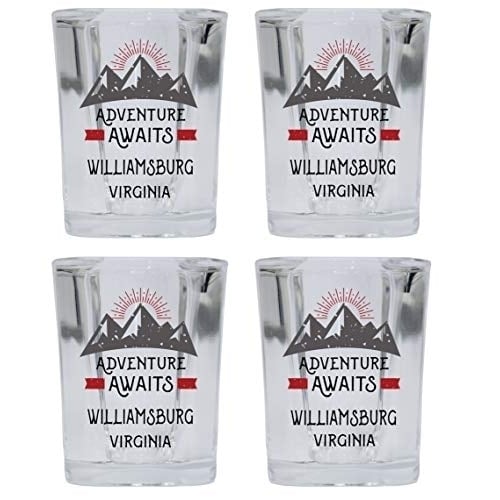 Williamsburg Virginia Souvenir 2 Ounce Square Base Liquor Shot Glass Adventure Awaits Design 4-Pack Image 1