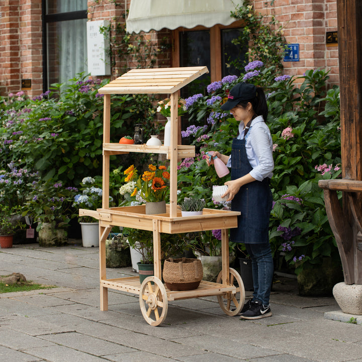 Antique Solid Wood Decor Display Rack Cart Wood Plant Stands with Wheels for Decor Display 2 Wheeled Wood Wagon with Image 2