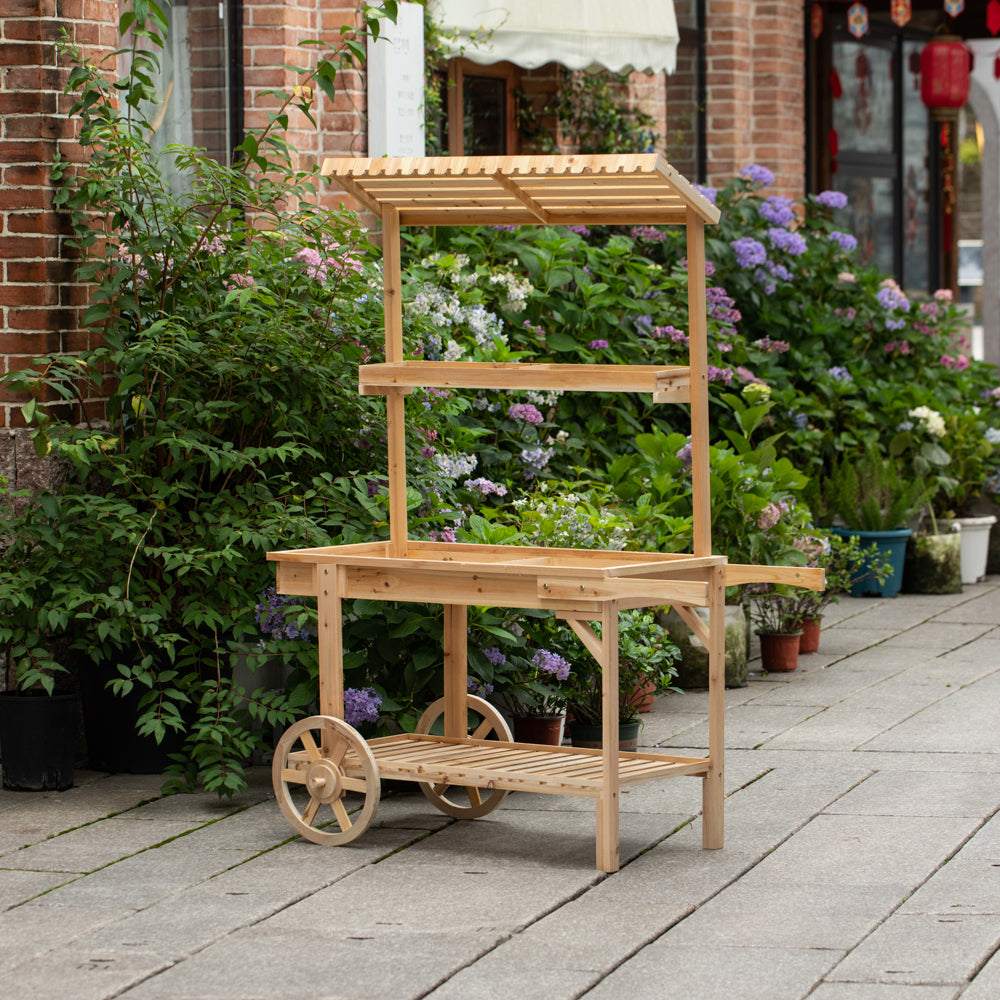 Antique Solid Wood Decor Display Rack Cart Wood Plant Stands with Wheels for Decor Display 2 Wheeled Wood Wagon with Image 3