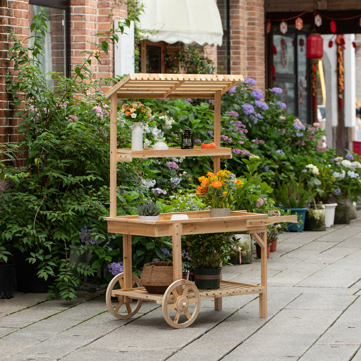 Antique Solid Wood Decor Display Rack Cart Wood Plant Stands with Wheels for Decor Display 2 Wheeled Wood Wagon with Image 5