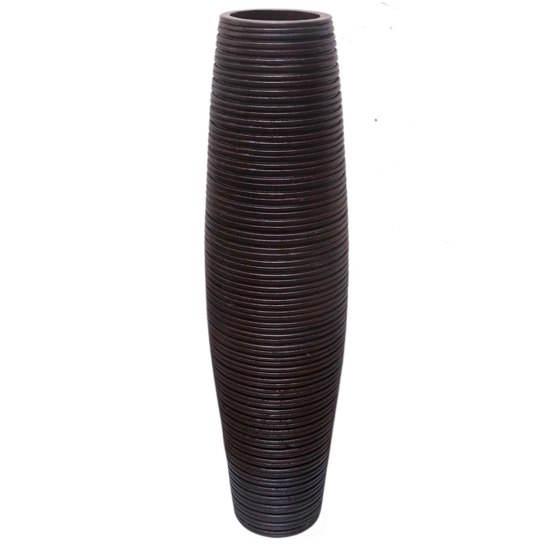 Brown Decorative Contemporary Mango Wood Ribbed Design Round Vase Image 4