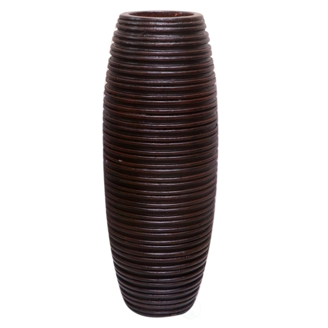 Brown Decorative Contemporary Mango Wood Ribbed Design Round Vase Image 5