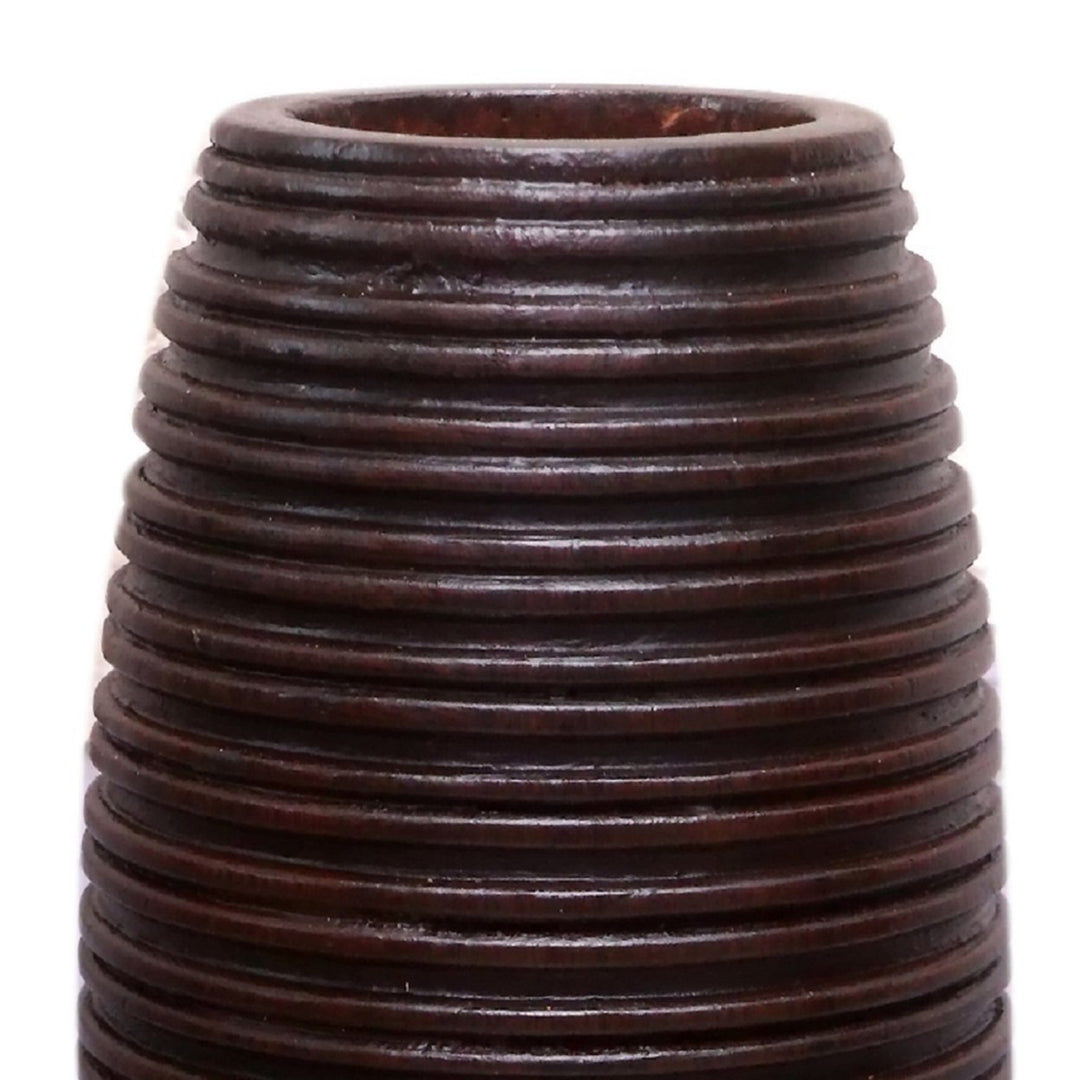 Brown Decorative Contemporary Mango Wood Ribbed Design Round Vase Image 8