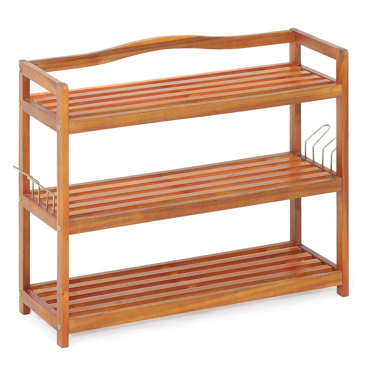 3-Tier Wood Shoe Rack Solid Acacia Wood Shoe Shelf with Side Metal Hooks Image 1