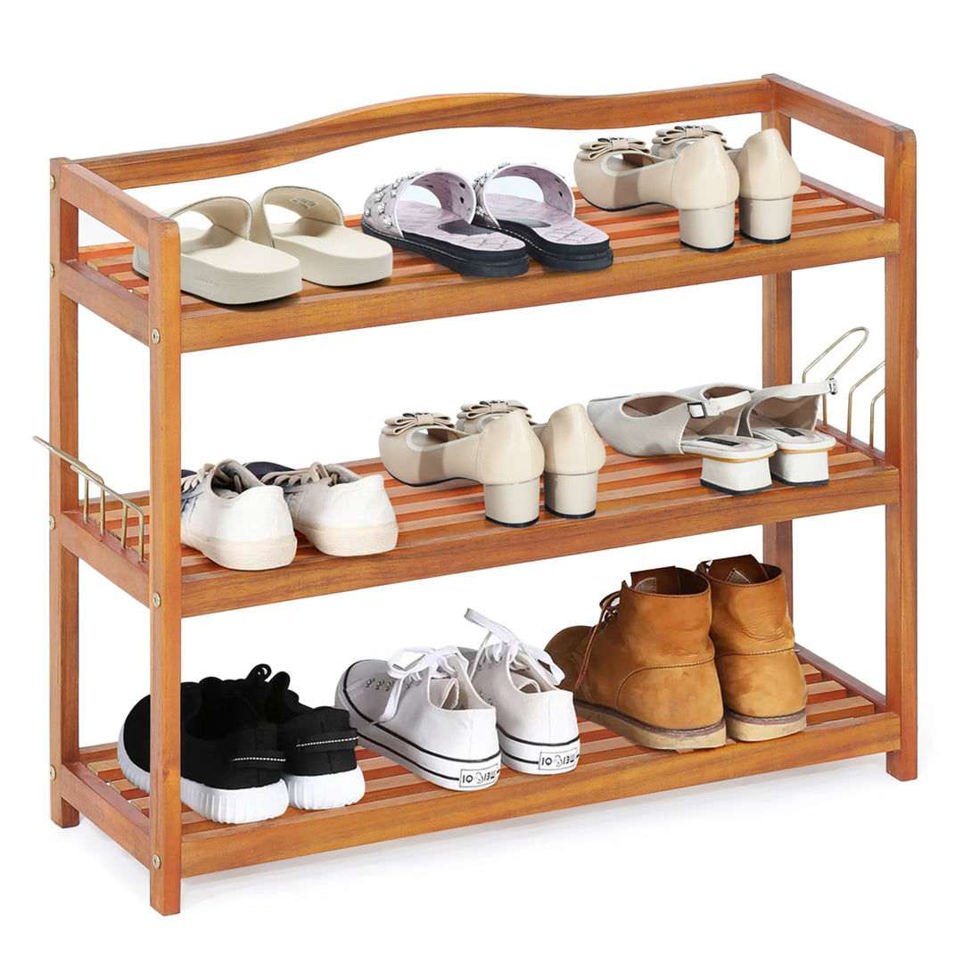 3-Tier Wood Shoe Rack Solid Acacia Wood Shoe Shelf with Side Metal Hooks Image 5