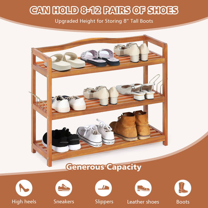 3-Tier Wood Shoe Rack Solid Acacia Wood Shoe Shelf with Side Metal Hooks Image 6