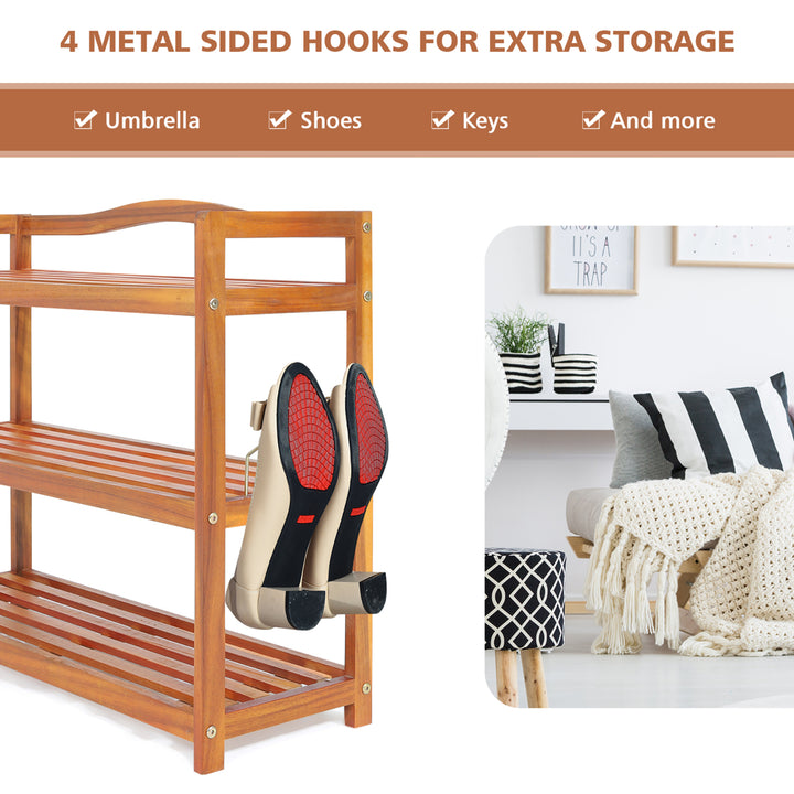 3-Tier Wood Shoe Rack Solid Acacia Wood Shoe Shelf with Side Metal Hooks Image 7