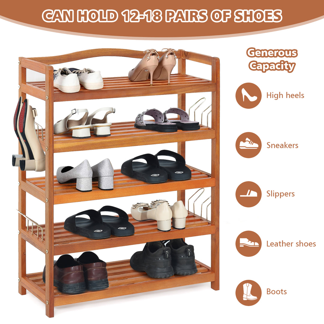 5-Tier Wood Shoe Rack Solid Acacia Wood Shoe Shelf with Side Metal Hooks Image 9