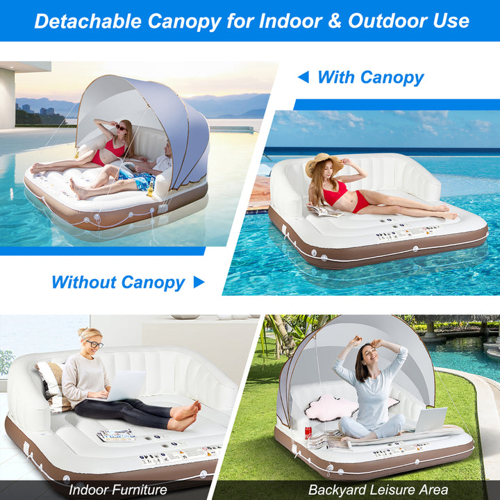 Floating Island Inflatable Swimming Pool Float Lounge Raft with Canopy SPF50+ Retractable Detachable Sunshade with Two Image 7