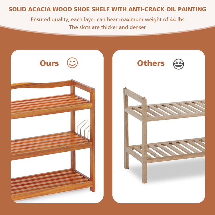 3-Tier Wood Shoe Rack Solid Acacia Wood Shoe Shelf with Side Metal Hooks Image 8