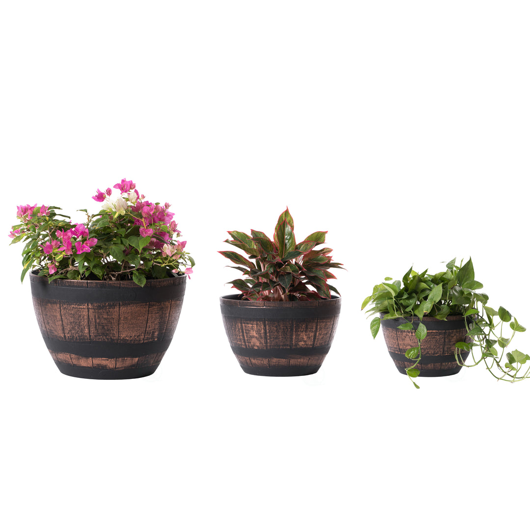 Brown Rustic Half Barrel Planter Bowl Large Medium Small Plastic Weather Resistant Image 5