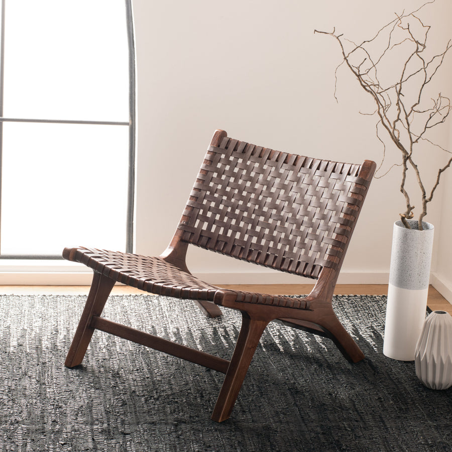 SAFAVIEH Luna Leather Woven Accent Chair Brown/ Brown Image 1