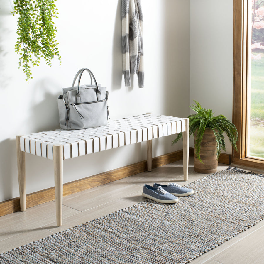 SAFAVIEH Amalia Leather Weave Bench White / Light Oak Image 1