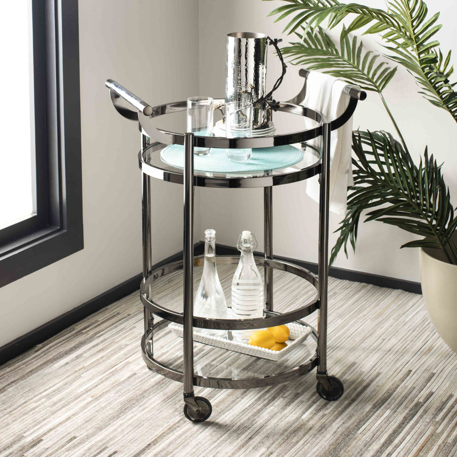 SAFAVIEH Sienna 2-Tier Round Bar Cart Black Nickel / Glass Image 1