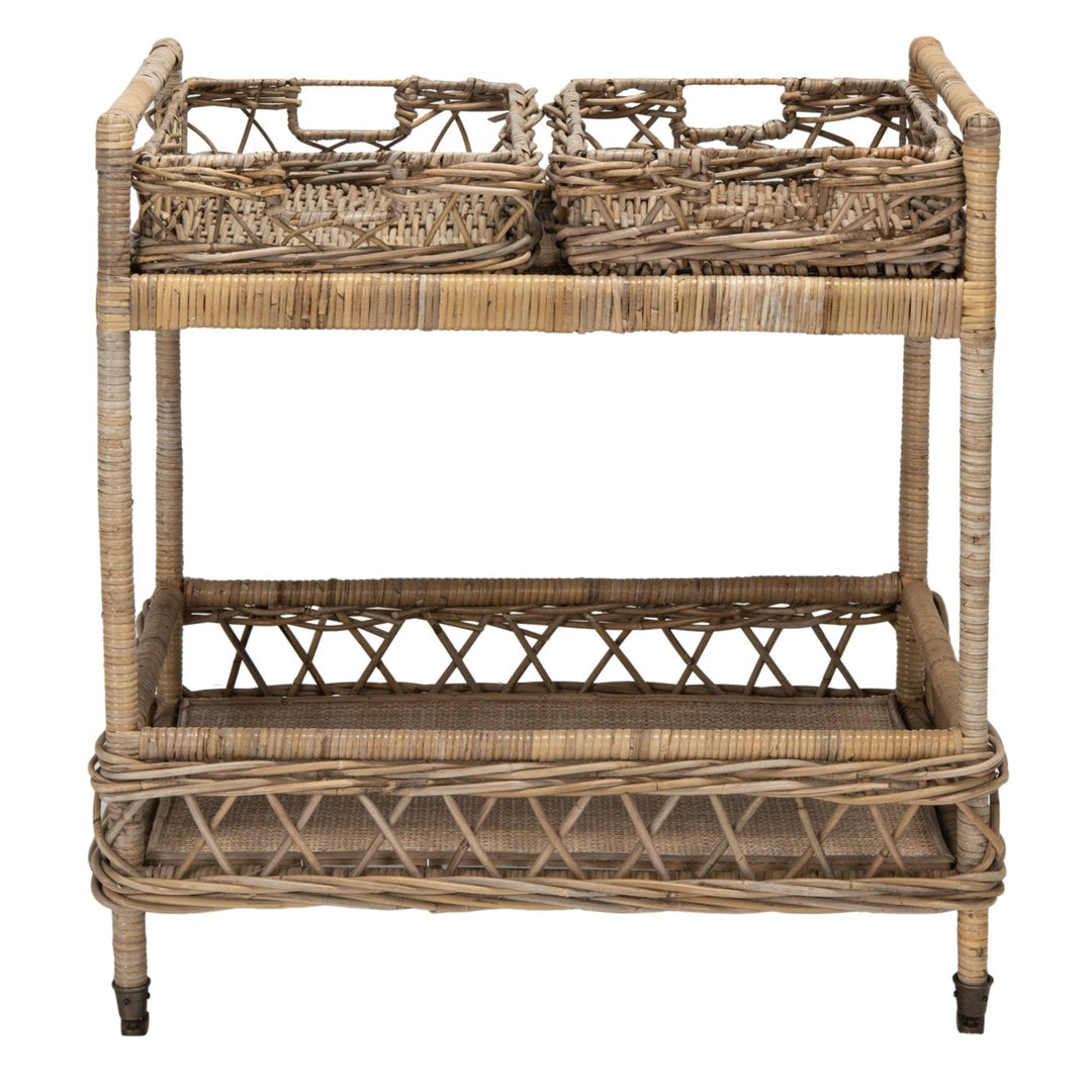 SAFAVIEH Ambrose 2-Tier Rattan Bar Cart Grey Wash / Antique Brass Image 2