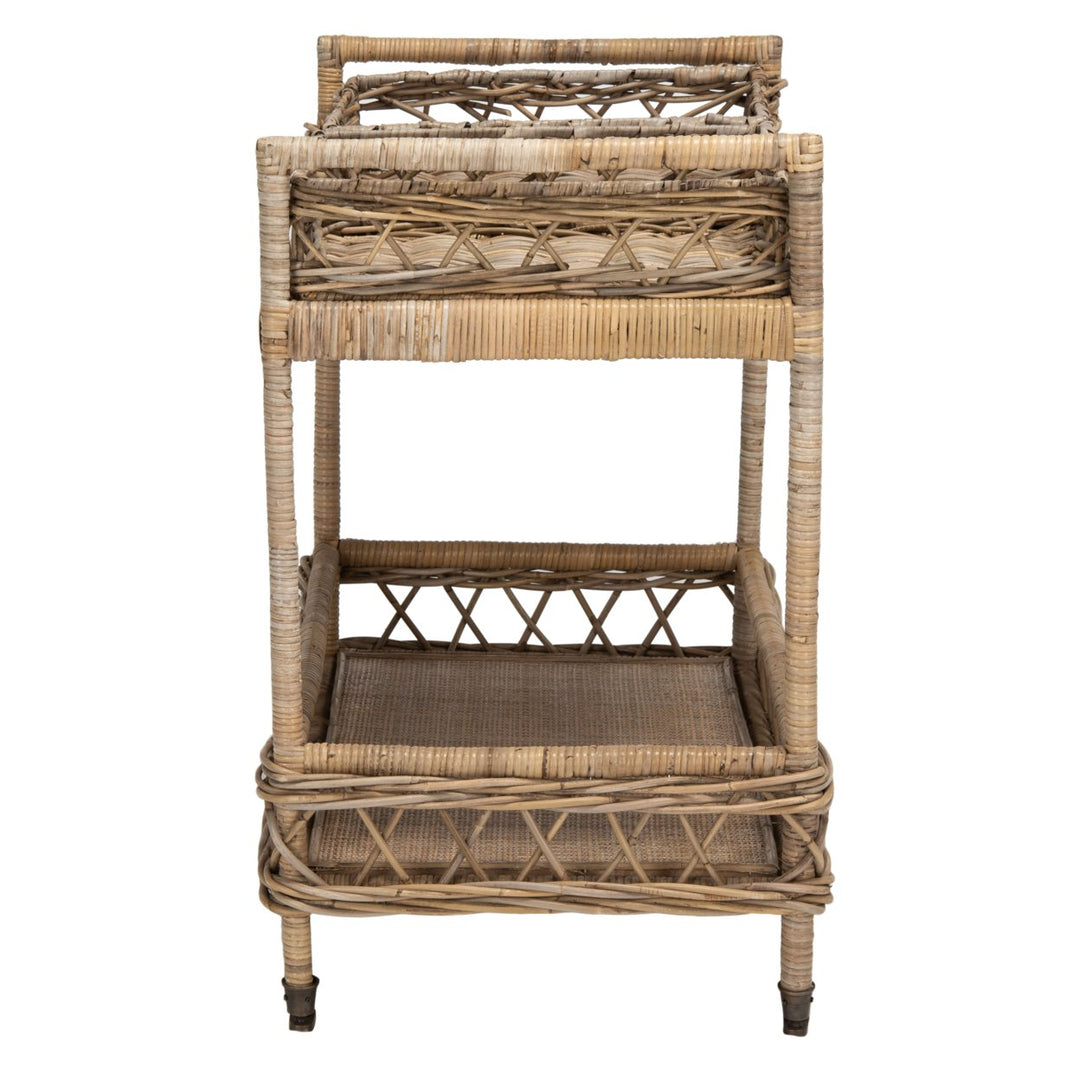 SAFAVIEH Ambrose 2-Tier Rattan Bar Cart Grey Wash / Antique Brass Image 3