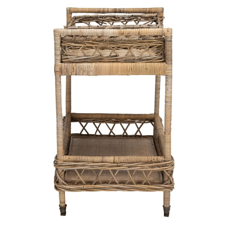 SAFAVIEH Ambrose 2-Tier Rattan Bar Cart Grey Wash / Antique Brass Image 3