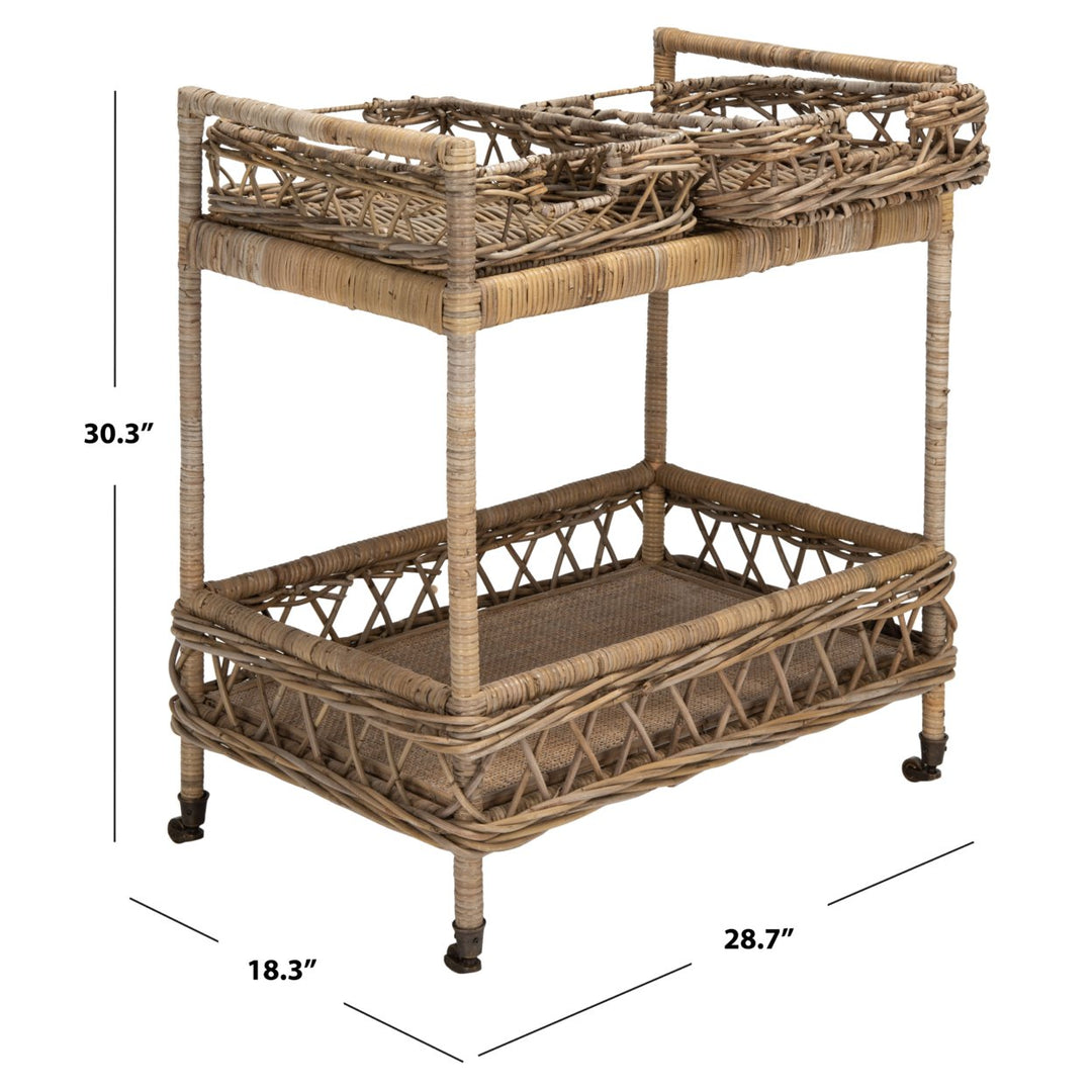 SAFAVIEH Ambrose 2-Tier Rattan Bar Cart Grey Wash / Antique Brass Image 5