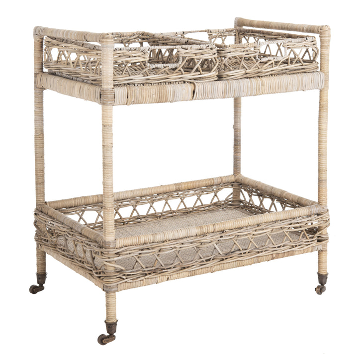 SAFAVIEH Ambrose 2-Tier Rattan Bar Cart Grey Wash / Antique Brass Image 11