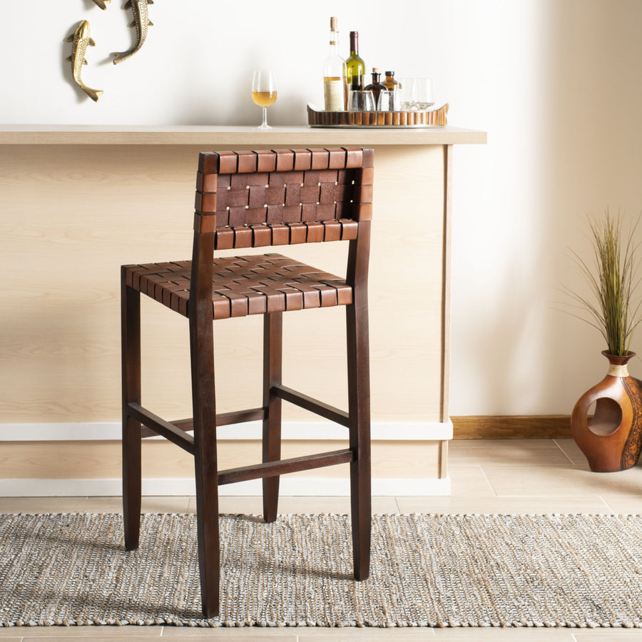 SAFAVIEH Paxton Woven Leather Bar Stool Cognac/ Walnut Image 1