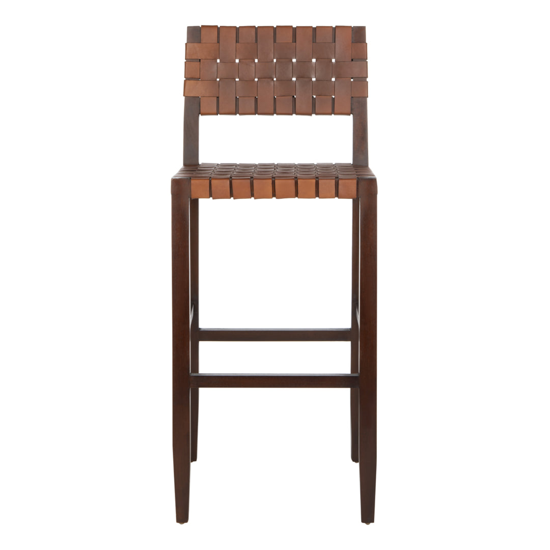 SAFAVIEH Paxton Woven Leather Bar Stool Cognac/ Walnut Image 3