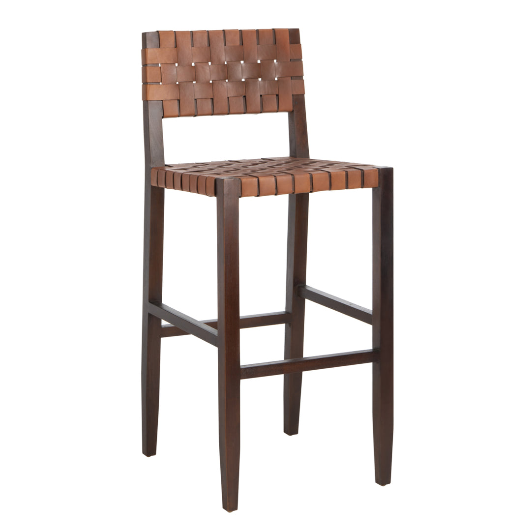 SAFAVIEH Paxton Woven Leather Bar Stool Cognac/ Walnut Image 4