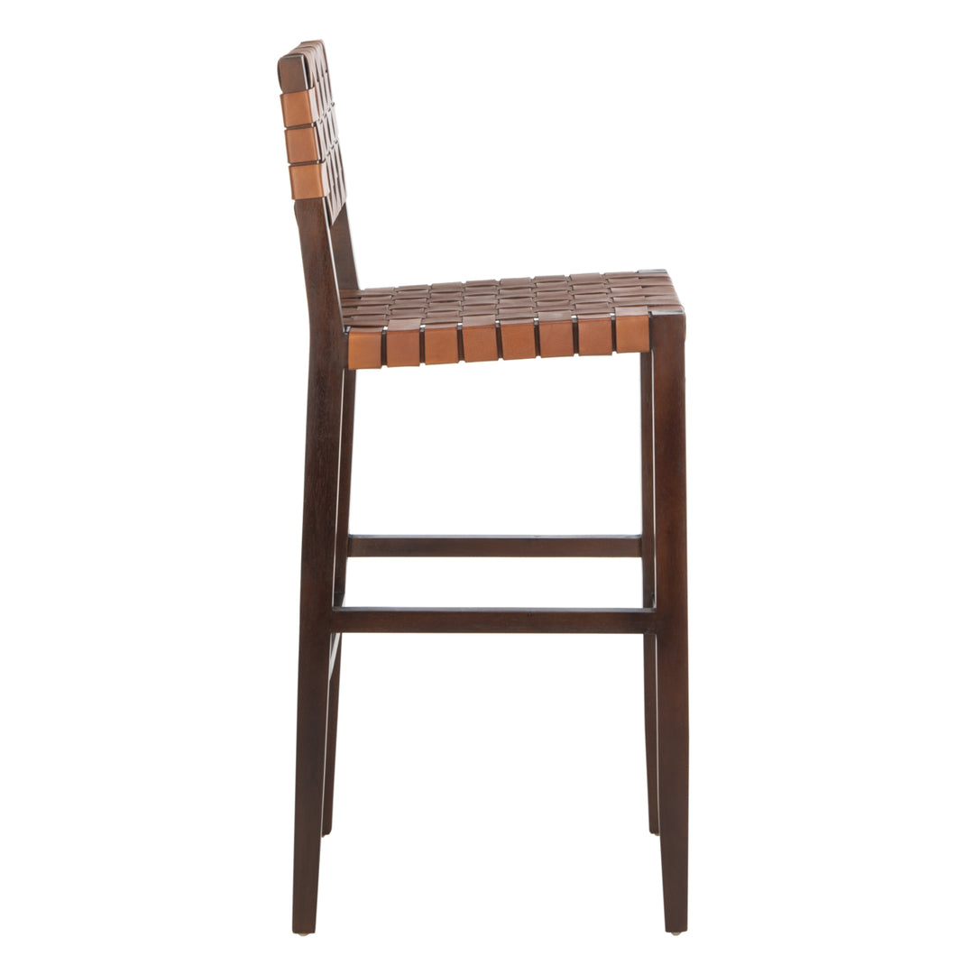 SAFAVIEH Paxton Woven Leather Bar Stool Cognac/ Walnut Image 9