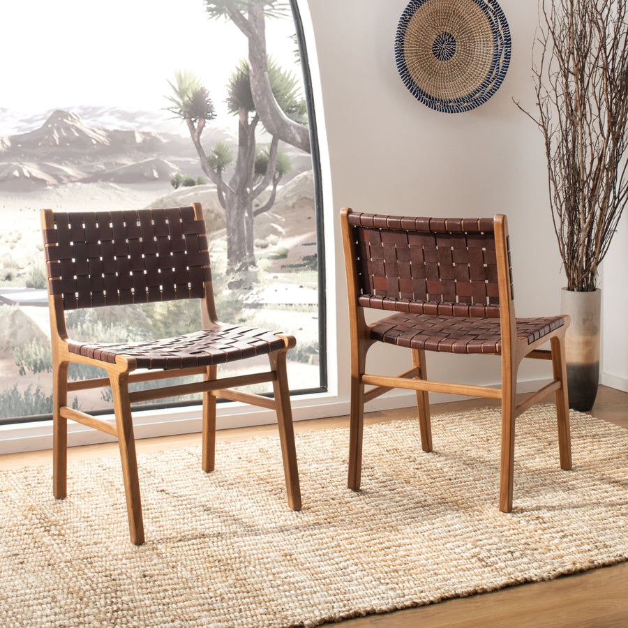 SAFAVIEH Taika Woven Leather Dining Chair Set of 2 Cognac / Natural Image 1