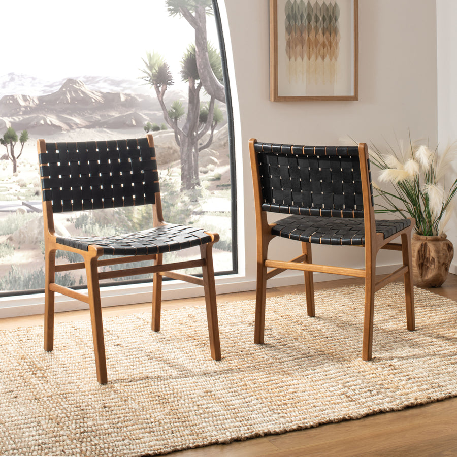 SAFAVIEH Taika Woven Leather Dining Chair Set of 2 Black / Natural Image 1