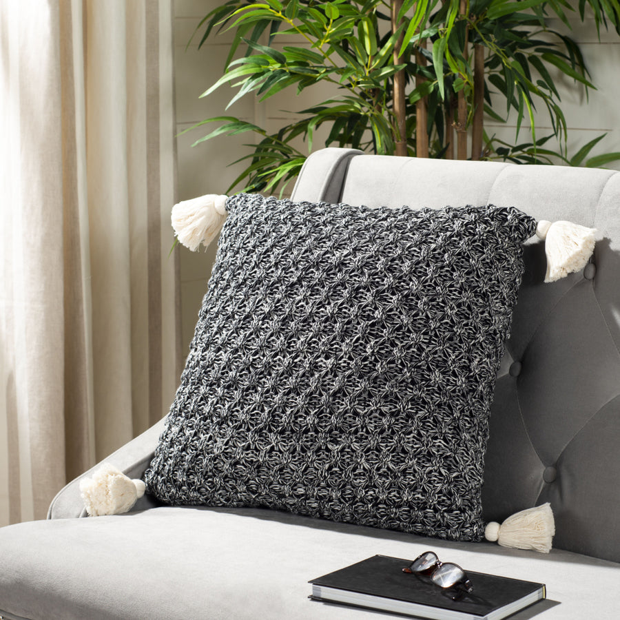 SAFAVIEH Pennie Knit Tassel Pillow Black / Natural Image 1