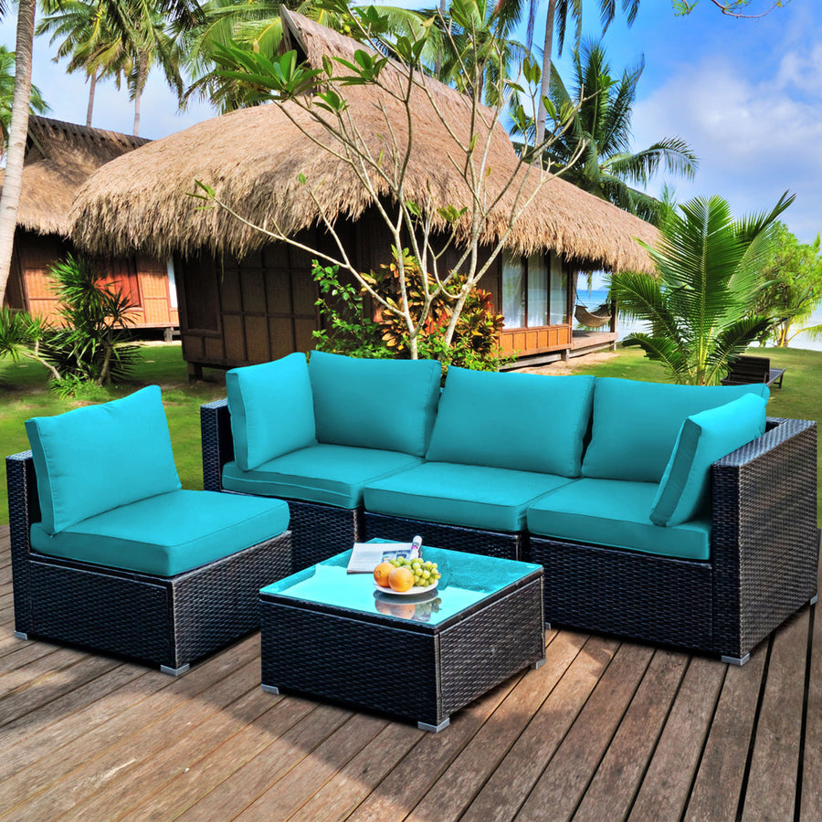 5PCS Rattan Patio Conversation Set Sofa Furniture Set w/ Turquoise Cushions Image 1