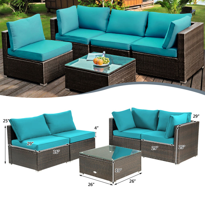 5PCS Rattan Patio Conversation Set Sofa Furniture Set w/ Turquoise Cushions Image 9