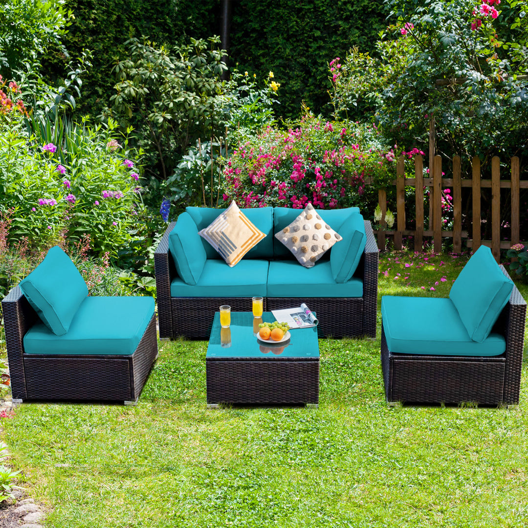 5PCS Rattan Patio Conversation Set Sofa Furniture Set w/ Turquoise Cushions Image 3