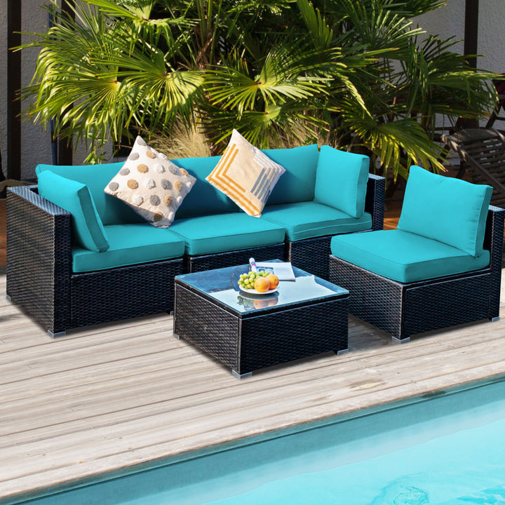 5PCS Rattan Patio Conversation Set Sofa Furniture Set w/ Turquoise Cushions Image 4