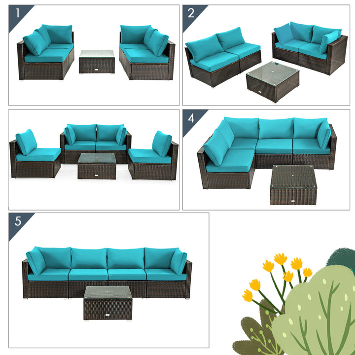 5PCS Rattan Patio Conversation Set Sofa Furniture Set w/ Turquoise Cushions Image 6