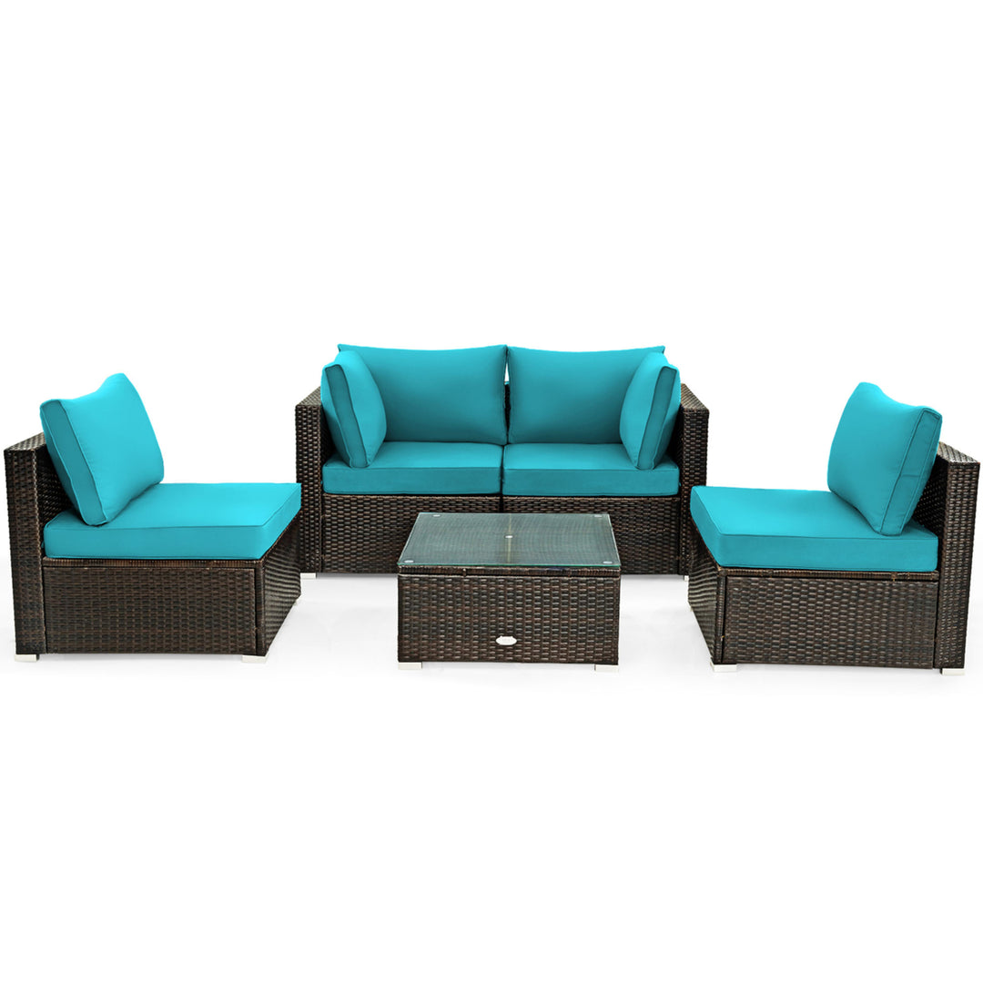 5PCS Rattan Patio Conversation Set Sofa Furniture Set w/ Turquoise Cushions Image 2