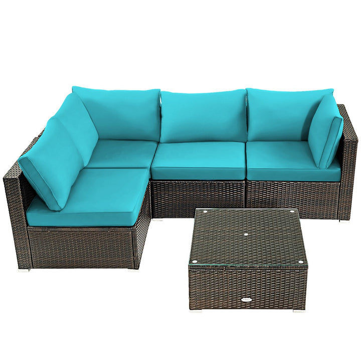 5PCS Rattan Patio Conversation Set Sofa Furniture Set w/ Turquoise Cushions Image 10